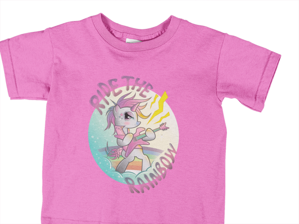 T-Shirt Kinder Kinder T-Shirt Einhorn Pink mit Spruch "Ride The Rainbow" 3 Farbstellungen