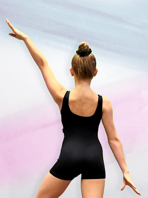 CT LUZIE Anzug kurz Einteiler schwarz mit Logo "Tänzerin springend" Glitzer Pink