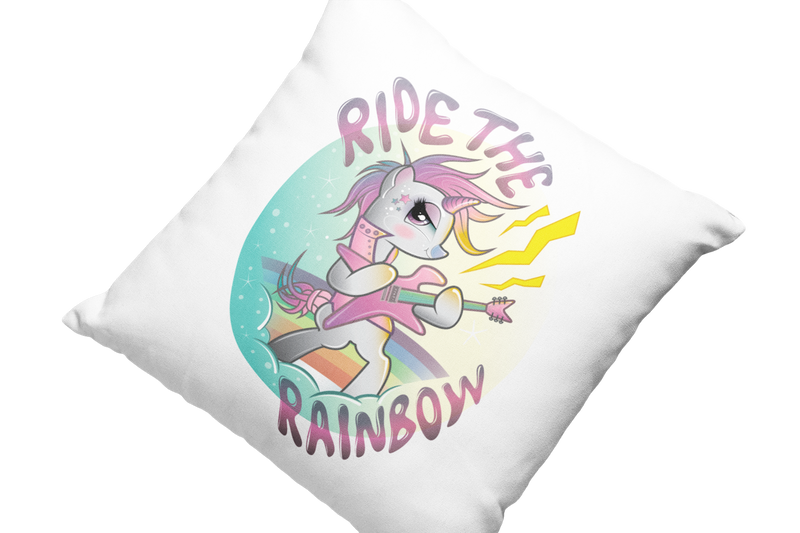 Kissen Kinder Motivkissen Einhorn Pink mit Spruch "Ride The Rainbow"