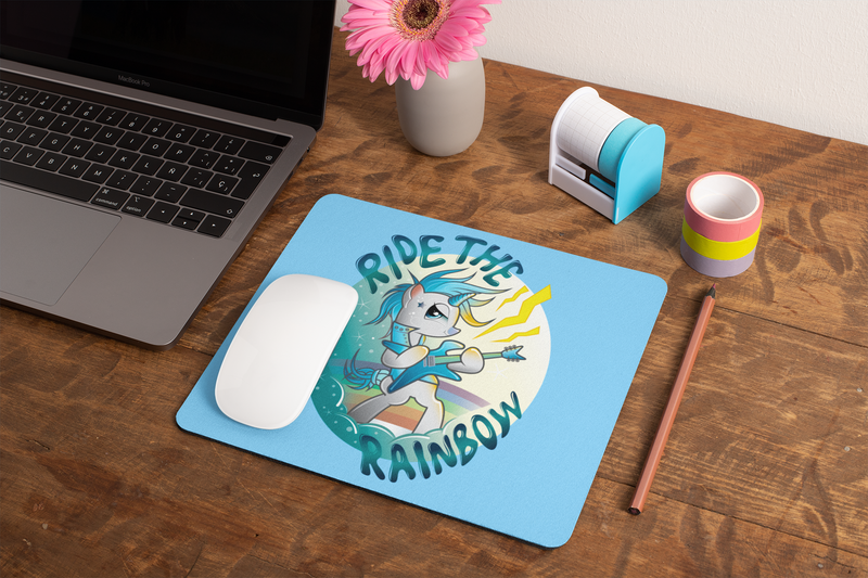 Mousepad Kinder Mousepad Einhorn Blue mit Spruch "Ride The Rainbow"