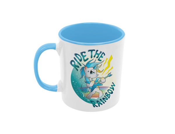 Tasse Einhorntasse Kindertasse Einhorn blue Tasse mit Spruch Ride the Rainbow