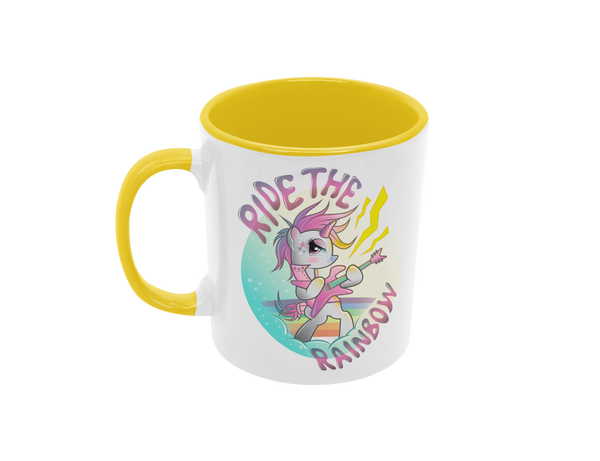 Tasse Einhorntasse Kindertasse Einhorn pink Tasse mit Spruch Ride the Rainbow